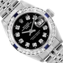Rolex Ladies Stainless Steel Sapphire and Diamond Date Wristwatch With Rolex Box