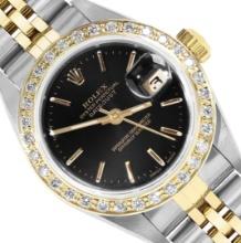 Rolex Ladies Two Tone Black Index Diamond Datejust Wristwatch With Rolex Box