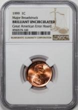 1999 Lincoln Memorial Cent Coin Error Major Braodstruck NGC Brilliant Uncirculated
