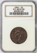 1844 N-1 Coronet Head Large Cent Coin NGC MS61BN