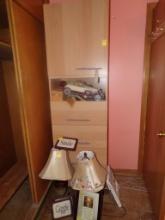 Pair of Lamps, Rolling Storage Cabinet With Door on Top and 4 Drawers on Bo
