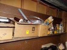 Contents of Shelf Over Work Bench, Paints, Stains, Household Repair Items i