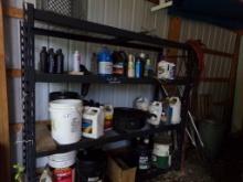 Contents of 4 Tier Shelf Including Tractor Hydraulic Fluid, Engine Oil, Bar