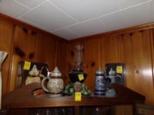 Contents of Top of Corner Cabinet, (2) Beer Steins with Boxes and a Candle