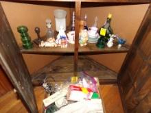 Contents of Lower Corner Cabinet, Bells, Candles, Cruet, Candle Holders, Bo