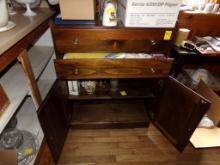 Early American Dark Pine Cabinet with Linens, Playing Cards, Electric Candl