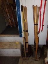 Group of Round Point & Square Point Shovels, Hoes, Sledge Hammer  (Garage R