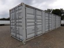 New 40' Storage Container, Off-White, (4) Side Access Doors, Swing-Out Door