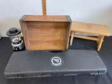 Vintage hostess cake kitchen wood case, Coleman lamp , rifle case