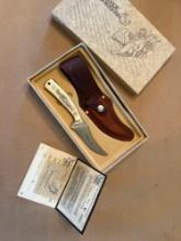 Scrimshaw knife ivory colored handle carved