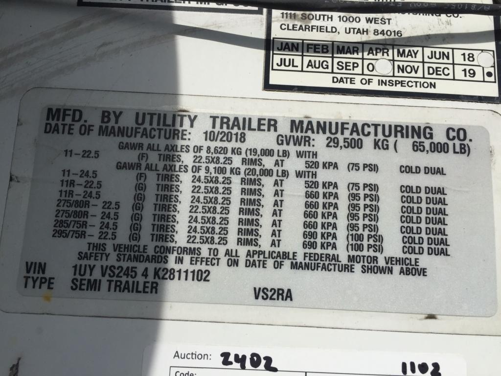 2019 Utility VS2RA Refrigerated Van Trailer,