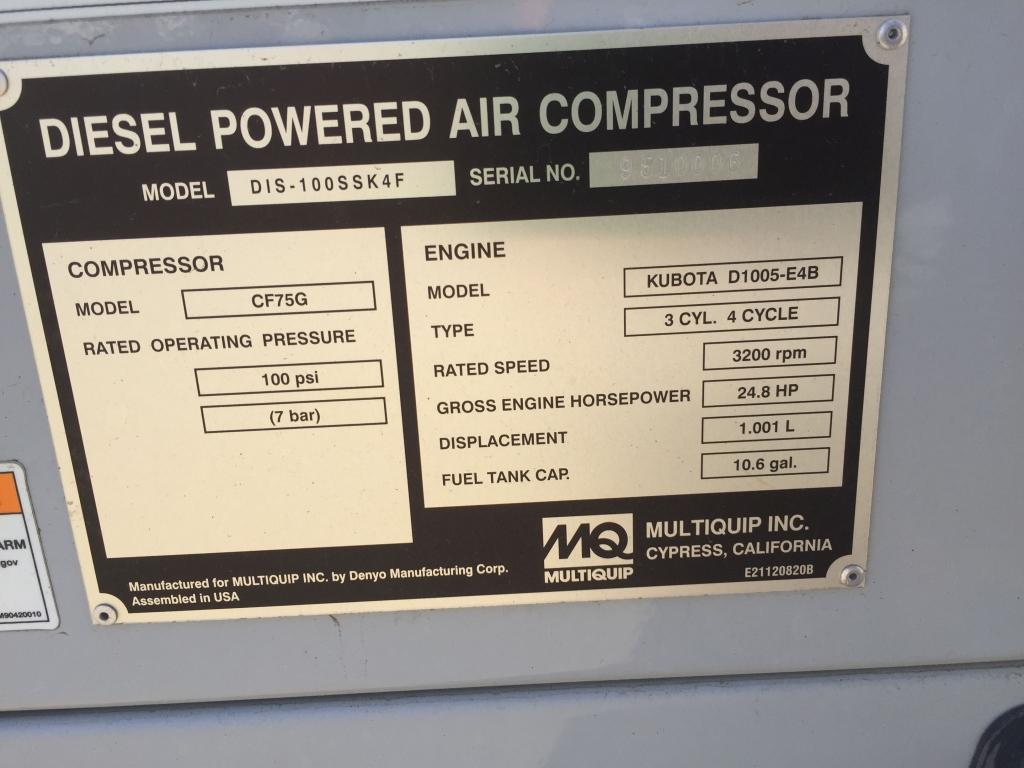 2021 MultiQuip DIS-100SSK4F 100CFM Air Compressor,