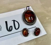 Baltic Amber Silver Cabochon Pendant and Earrings