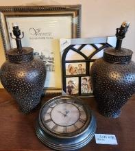Pair Ginger Jar Style Table Lamps, Round Wall Clock