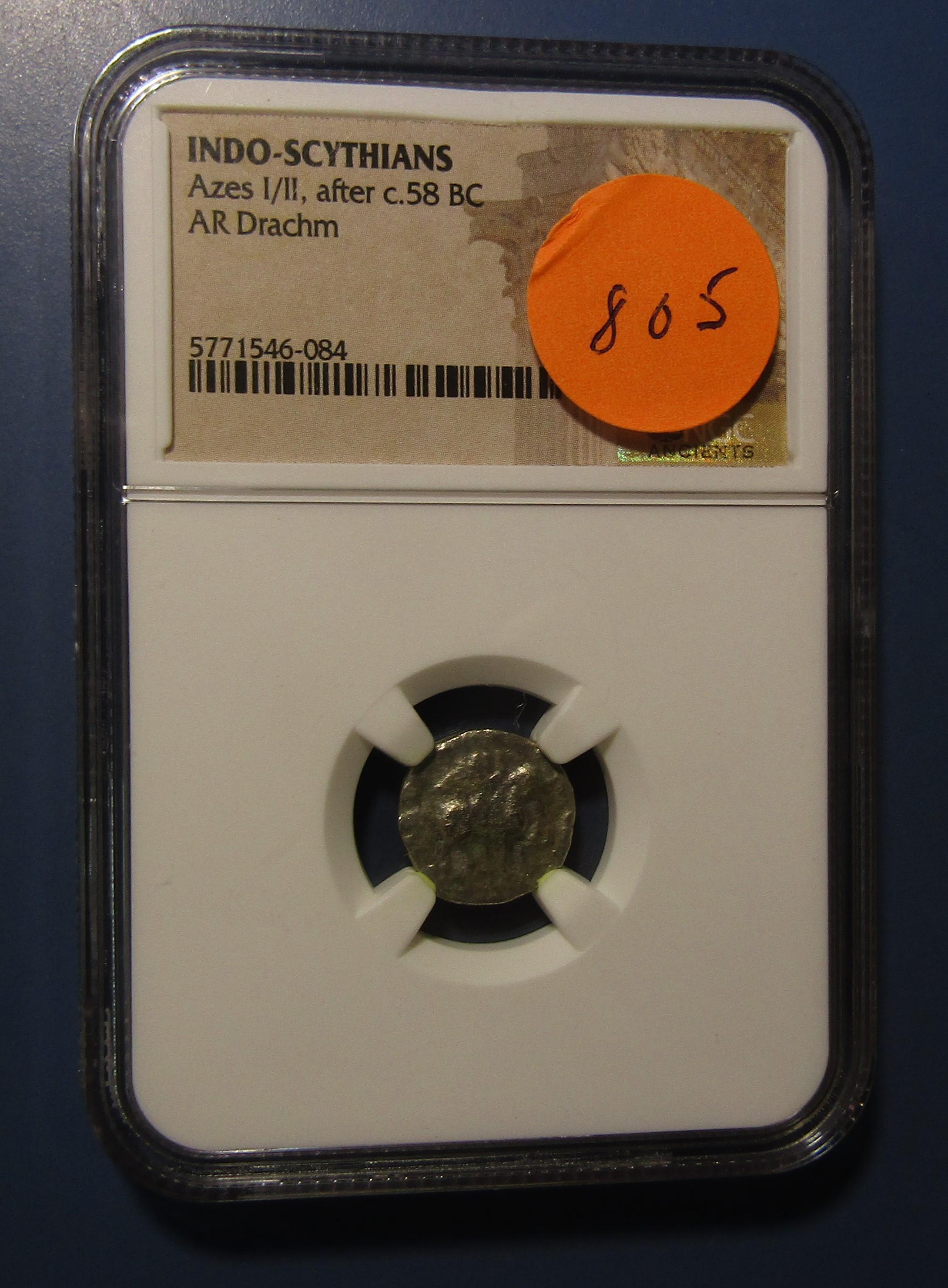 INDO-SCYTHIANS 58BC AR DRACHM NGC CERTIFIED