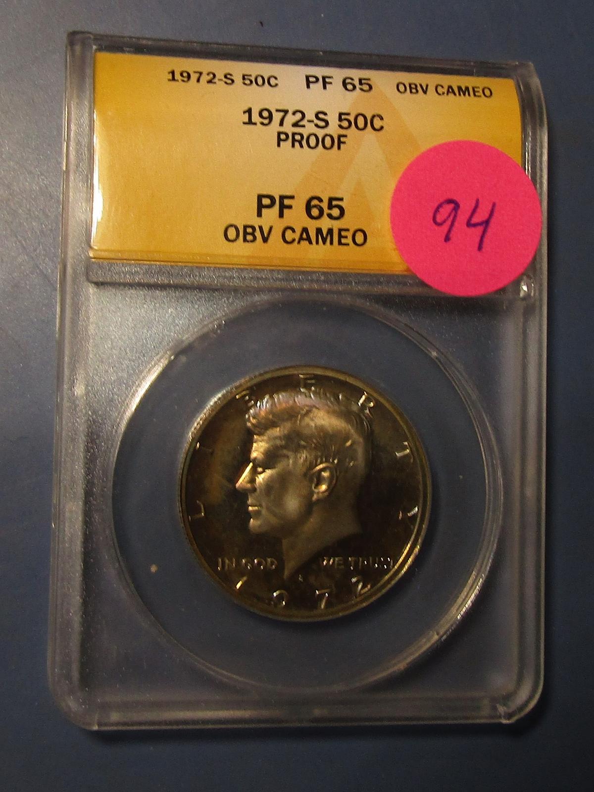 1972-S KENNEDY HALF DOLLAR ANACS PROOF-65 OBV. CAMEO