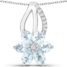 Plated Rhodium 0.72ctw Aquamarine and White Topaz Pendant with Chain