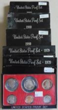 5 U.S. Proof Sets: 1979, 1979, 1980, 1980, 1980.