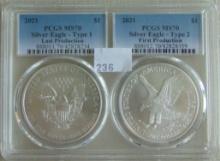 2021, 2021 Silver Eagles Type 1, Type 2 PCGS MS70.