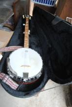 Greg Bennett design Banjo with case, strings need repair, says "Remo Weather King Banjo Head Only -
