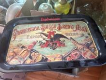 Budweiser metal serving tray, various beer steins....Shipping