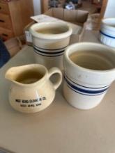 West Bend Elevator Co. Crock Pitcher, Crawford County Courthouse blue banded crock bowl......Shippin