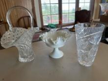 Fenton silver crest milk glass compote, brides basket, lead crystal vase.
