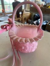 Vintage custard pink milk glass brides basket.