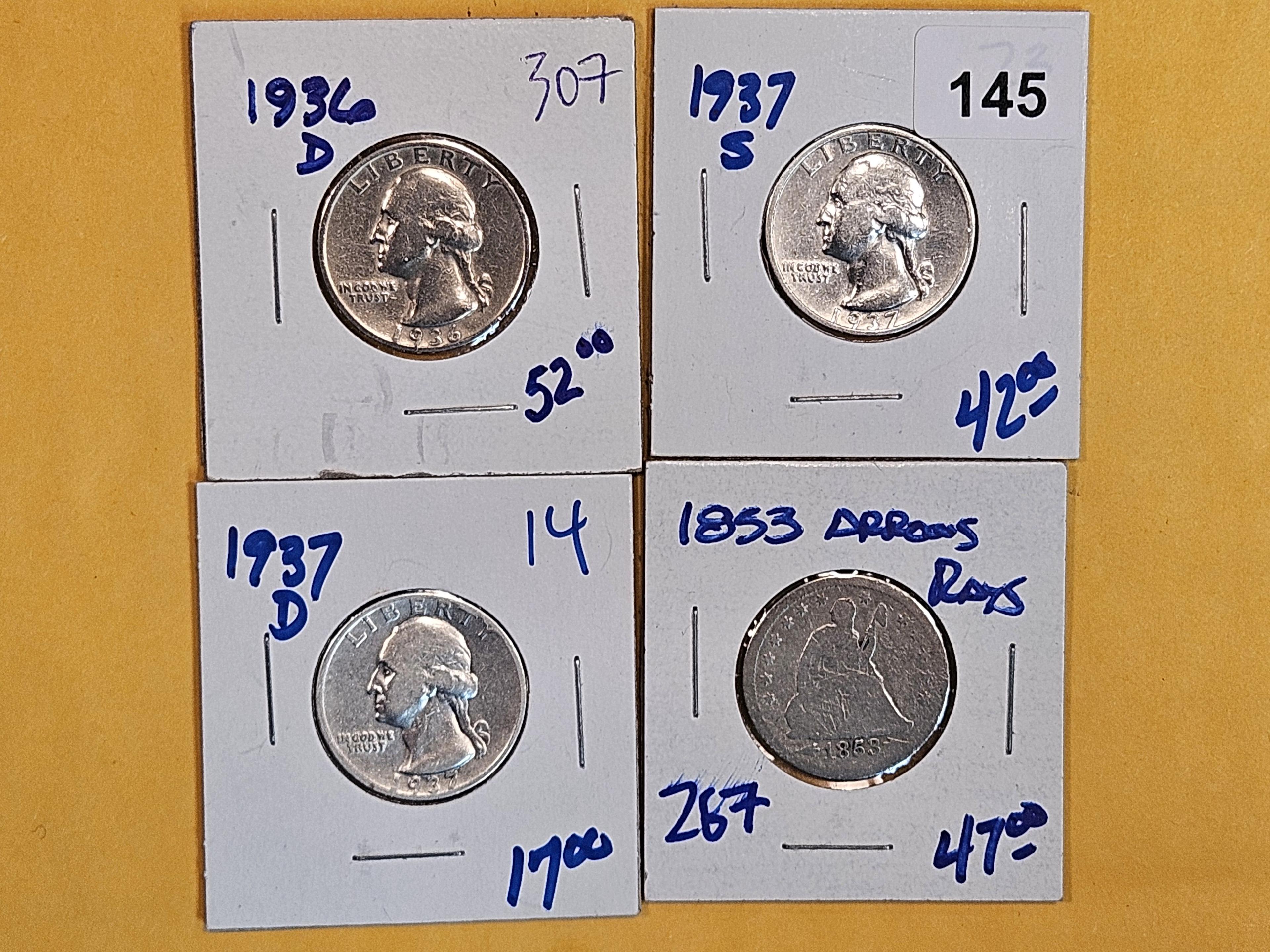 Four mixed silver quarters