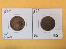 1864 and 1869 Two Cent pieces