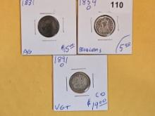 Three mixed silver dimes