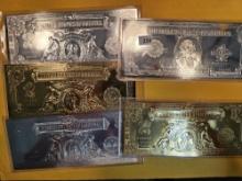 Five gold and silver plated Large Size US note replicas