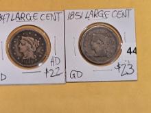 1847 and 1851 Braided Hair Large Cents
