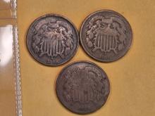 1864, 1865 and 1866 Two Cent pieces