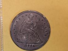 1864 Seated Liberty Dollar in Very Fine ++  details