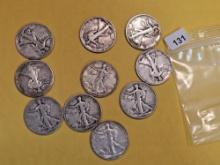 Ten Mixed Silver Walking Liberty Half Dollars