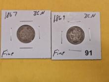 1867 and 1869 Three Cent Nickels