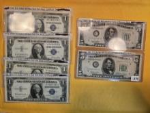 Four $1 Silver Certificates and two $5 FRNs