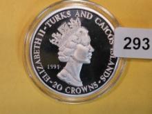 1994 GEM Proof Deep cameo silver Turks & Caicos 20 crowns