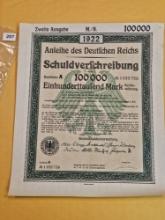 Crisp Uncirculated German Bond & Coupon sheet 100,000 marks