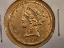 GOLD! Brilliant About Uncirculated plus 1906-D Liberty Head Gold Five Dollars