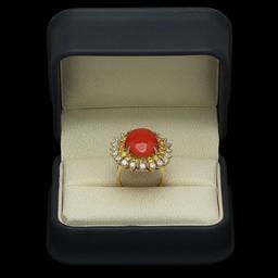14K Yellow Gold 8.0ct Coral 1.79ct Sapphire and 1.47ct Diamond Ring