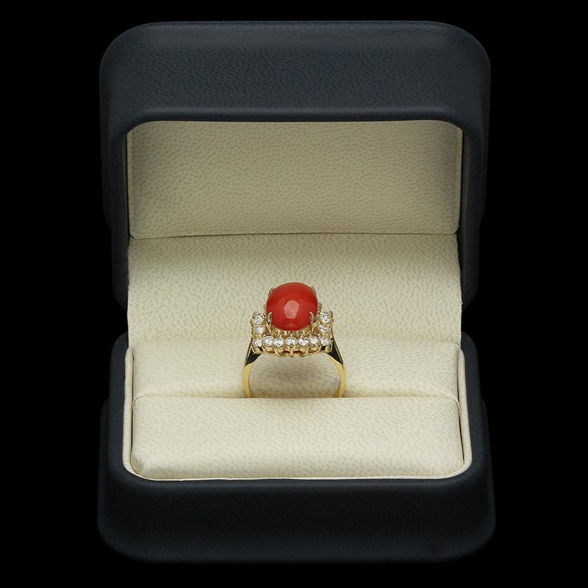 14K Yellow Gold 5.68ct Coral and 1.01ct Diamond Ring