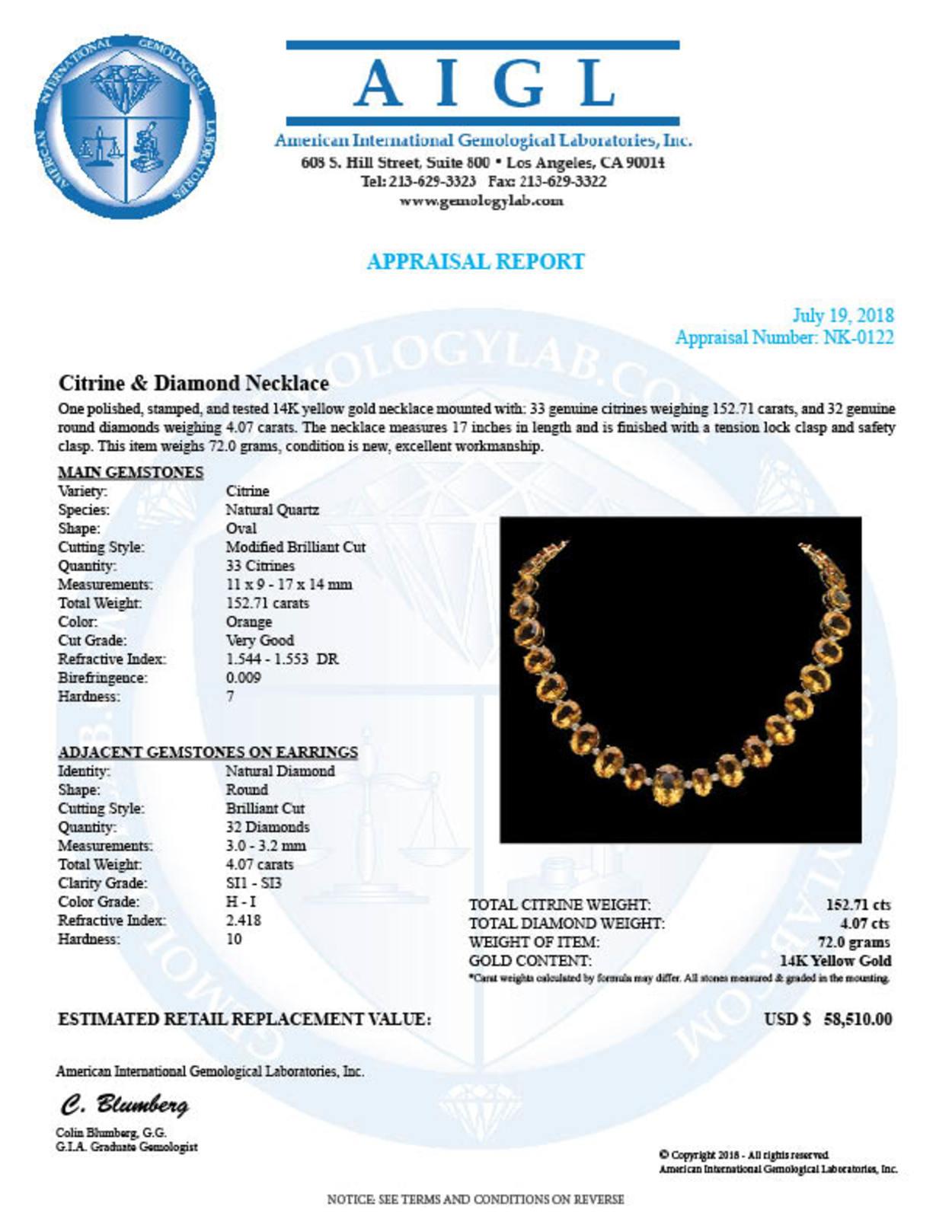 14K Gold 152.71ct Citrine & 4.07ct Diamond Necklace