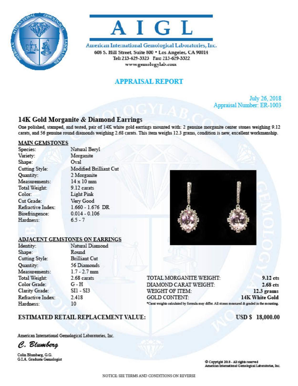 14K Gold 9.12ct Morganite 2.62ct Diamond Earrings