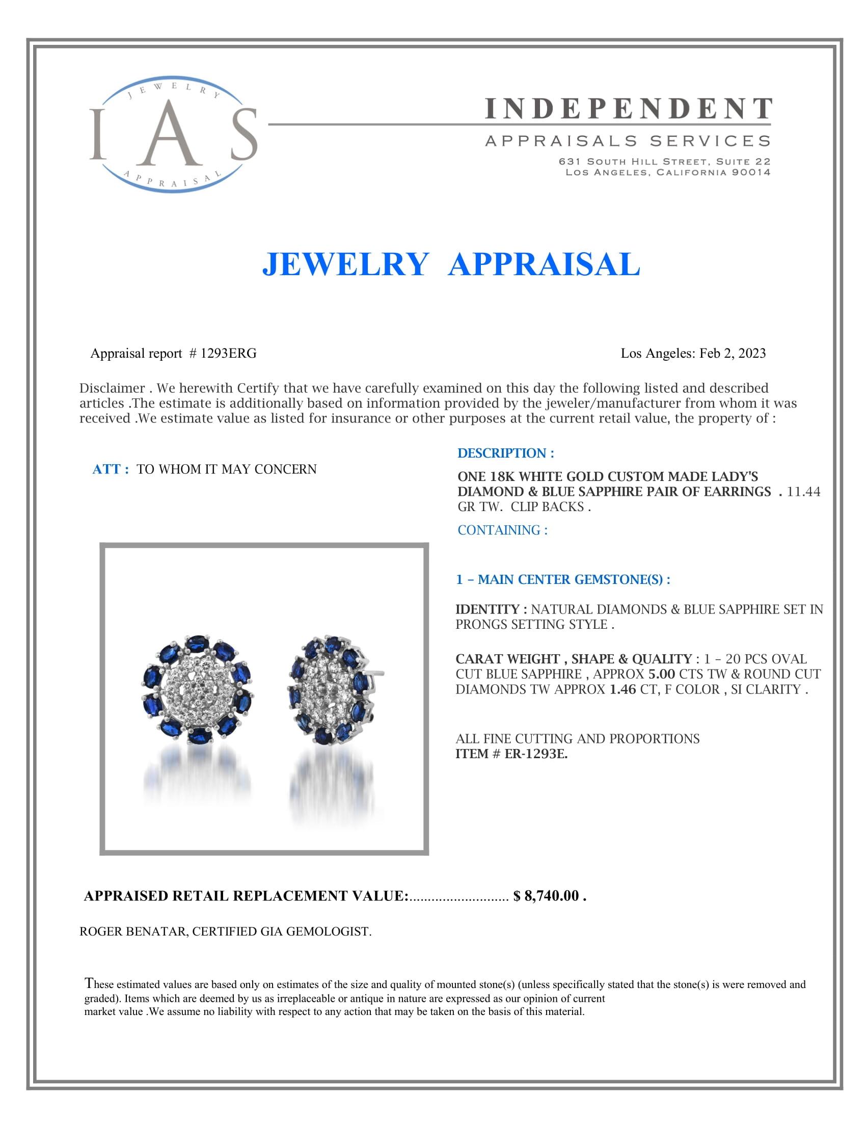18K White Gold Setting with 5.0ct Sapphire and 1.46ct Diamond Ladies Earrings