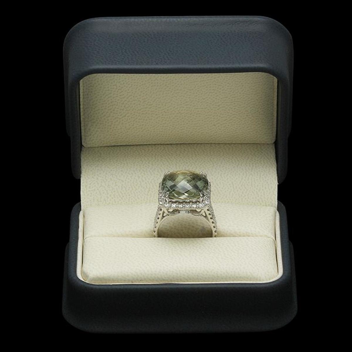 14K White Gold 11.29ct Praseolite Quartz and 1.52ct Diamond Ring