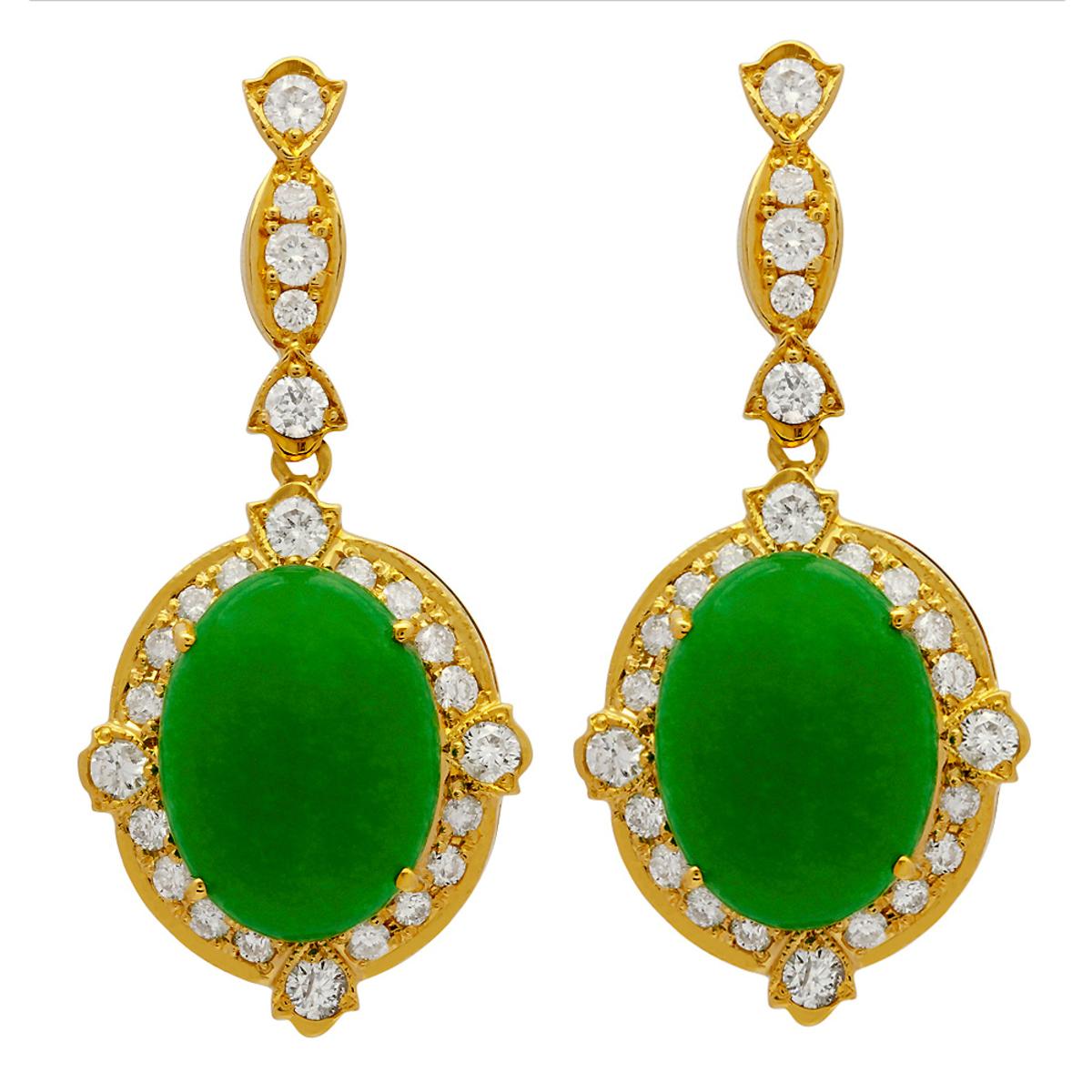 14k Yellow Gold 18.31ct Jade 1.87ct Diamond Earrings