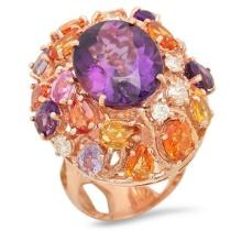 14K Rose Gold 8.55ct Amethyst 6.46ct Sapphire and 0.79ct Diamond Ring