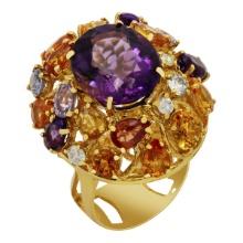 14k Yellow Gold 8.60ct Amethyst 7.71ct Multi-Stone 0.51ct Diamond Ring